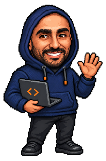 Zakaria’s navy-hoodie mascot, waving with a laptop